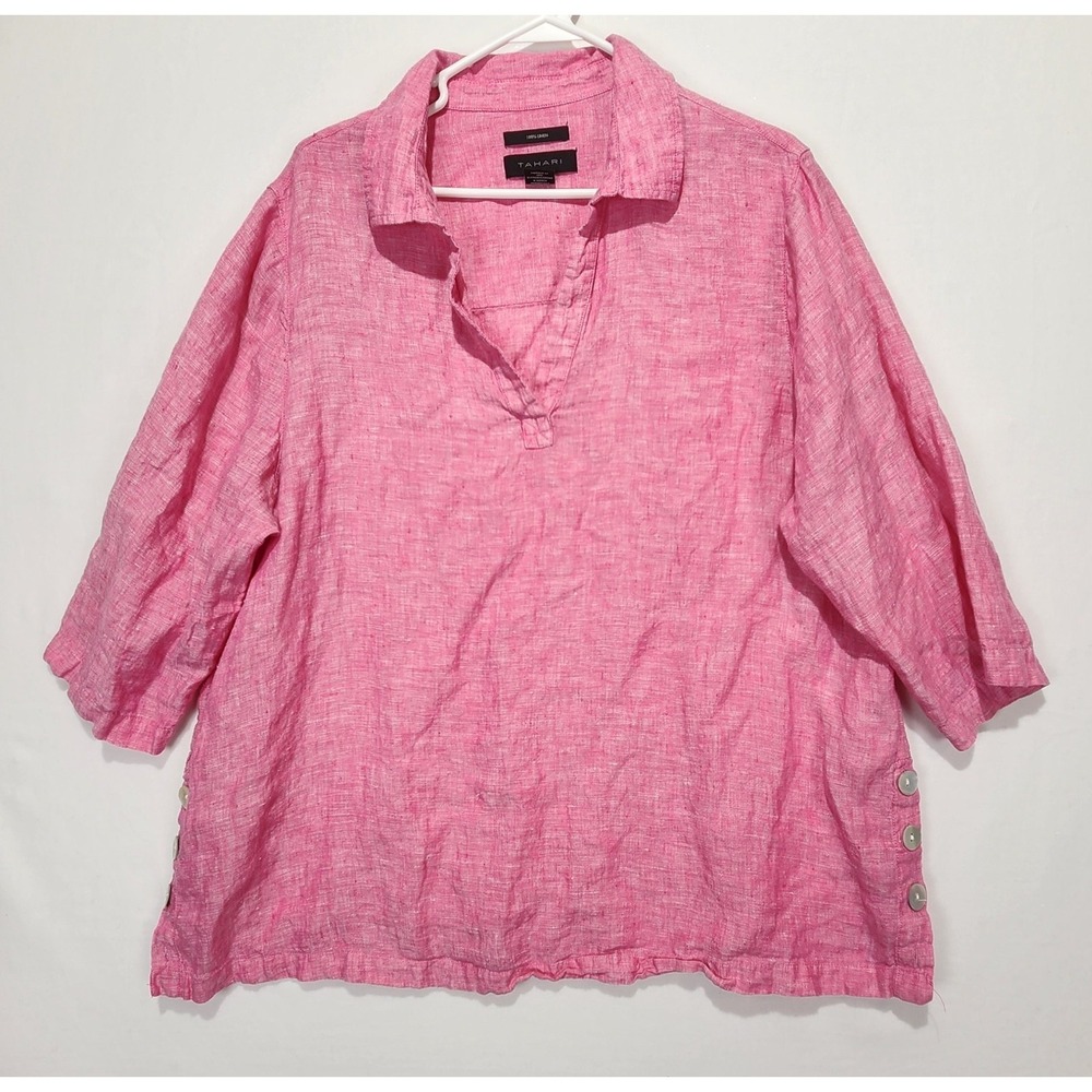 Tahari Women's 100% Linen Casual Breathable Pink Blouse Size 1X